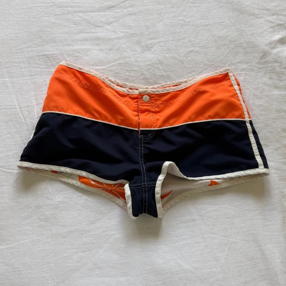 Y2K Reversible Board Shorts Women Orange White Hibiscus Floral Navy Colorblock
